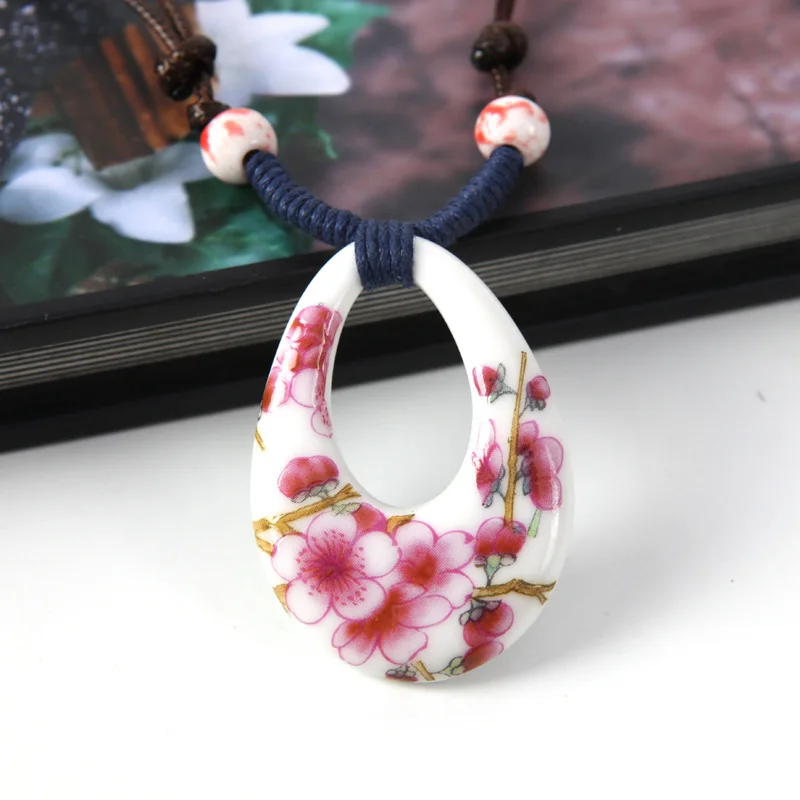 

2014 Originality Vintage Hollow Water Drop Pink Plum Blossom Porcelain Fashion Knitted Lucky Ceramic Pendant Necklace N2156
