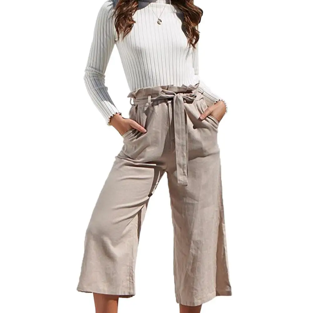 

2019 New Yfashion Women Spring Summer Leisure Solid Color Wide Leg Pants with Waist Straps
