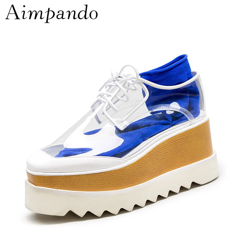 

Clear PVC Transparent Casual Shoes Woman Square Toes Cross-tied Flat Platform Thick Bottom Walking Shoes Women