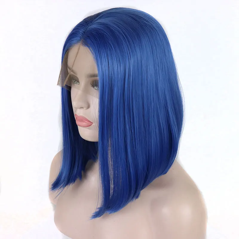 

Bombshell Blue Short Bob Synthetic Hair Lace Front Wig Glueless Straight Heat Resistant Fiber Hair Middle Part For Women Wigs