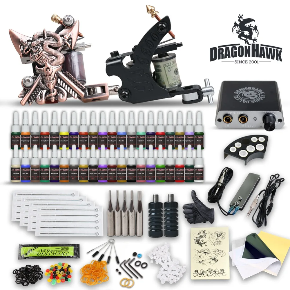 

Complete Beginner Tattoo Kit 2 Machine Guns 40 Color inks Tip Power Supply Set Needles Grip