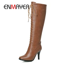 ENMAYER/Модные женские Кожаные Сапоги выше колена пикантные женские сапоги на шнуровке с острым носком г., популярные сапоги на высоком каблуке, ZYL116