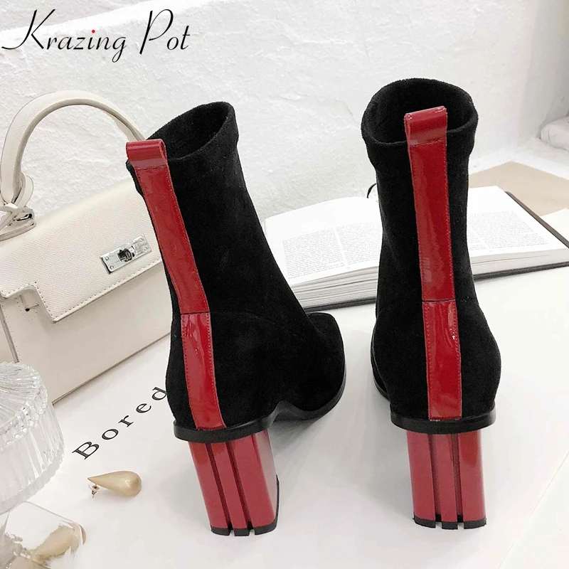 

Krazing Pot flock mixed color boots style square toe high heels luxury oriental keep warm beauty lady wedding ankle boots L18