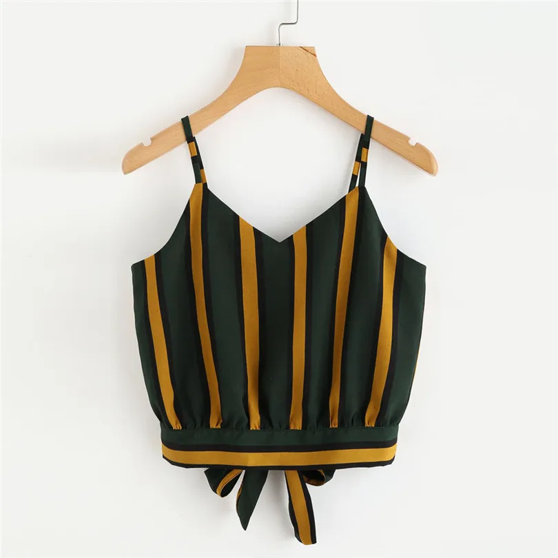 Women's Summer Casual Sexy V Neck Sleeveless stripe Stripe Seft Tie Back Crop Cami Tops Camisole Shirt Vest #4M19 (10)