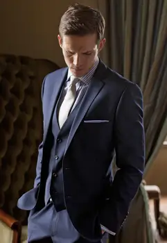 

The latest version of deep blue male suit dress the groom dress ball suit (jacket + pants + vest)terno masculino costume homme