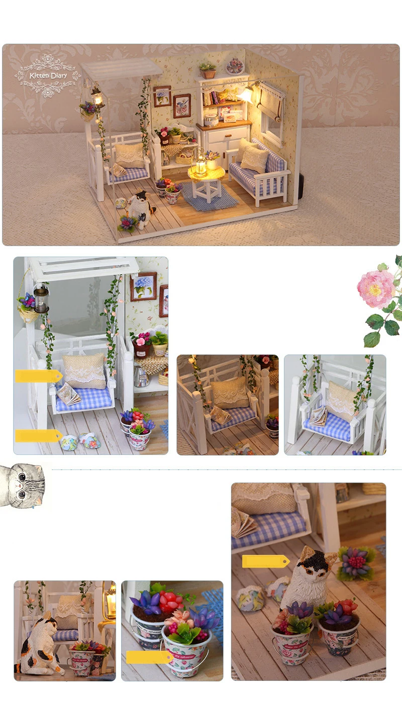 Деревянный кукольный домик игрушки дневник котенка кукольный дом мебель Diy Миниатюрный пылезащитный чехол 3D для детей подарки на день рождения