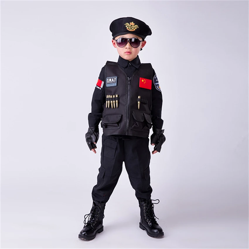 Kaufen Jungen Polizei Kinder Uniform Kinder Cosplay Polizisten Kostüme Spezielle Armee Militär Uniform Kindergarten Leistung Kleidung Set