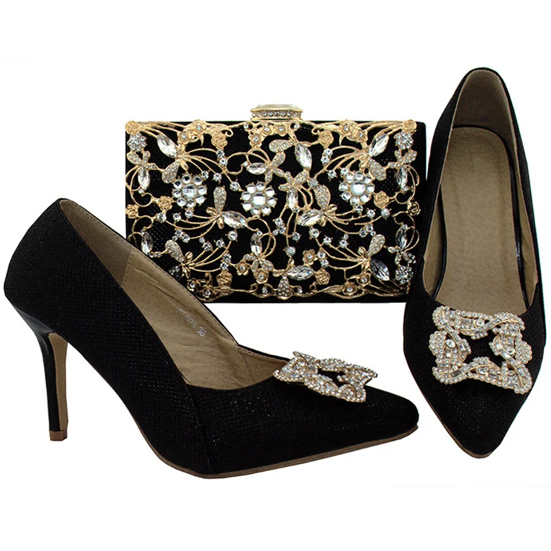 

Latest Black Color Shoe and Bag Set for Party In Women African Matching Shoes and Bags Italian In Women Rhinestone Wedding Shoes