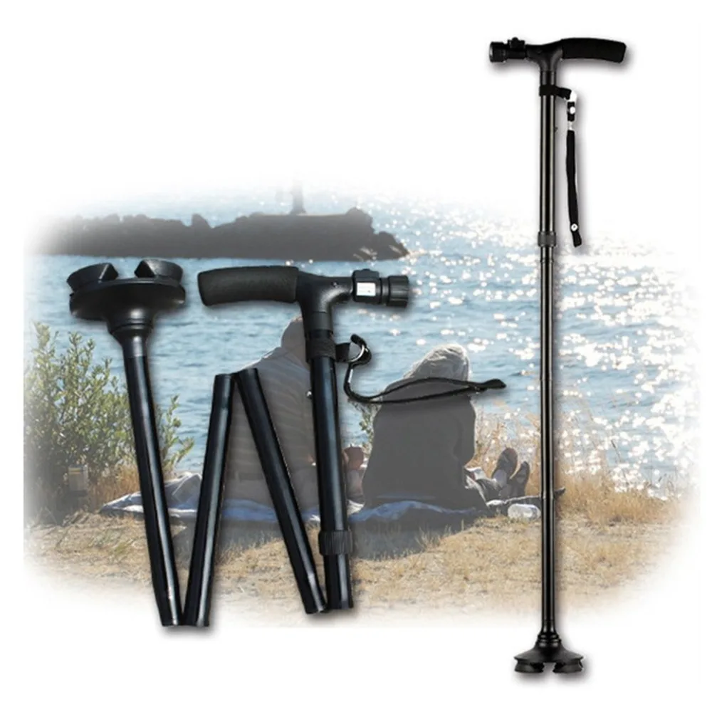 

Folding Outlife Walking Stick Cane With LED Light & Carry Strap Portable Adjustable 4-Feet Black Handle Crutch
