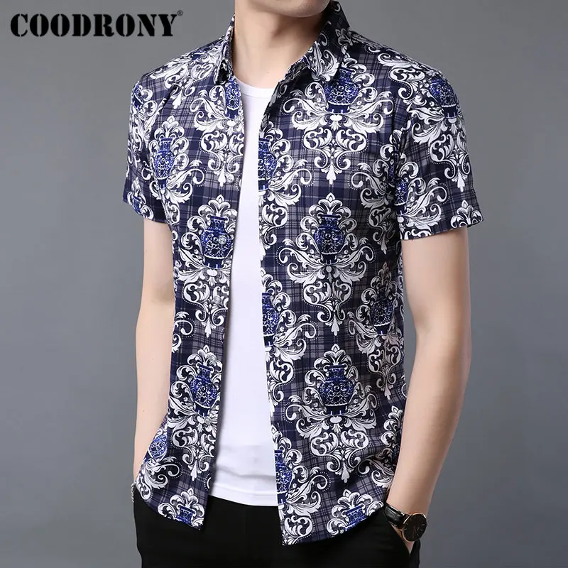 

COODRONY Ice Cool Hawaiian Shirt Men Streetwear Print Casual Shirts Summer Short Sleeve Men Shirt Cotton Camisa Masculina S96015