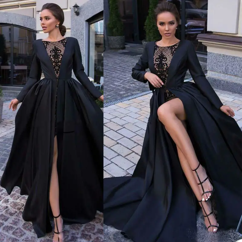 

Chic Long Sleeve Prom Dresses 2019 High Split Lace Appliqued vestidos de gala Custom Made Special Occasion Dress