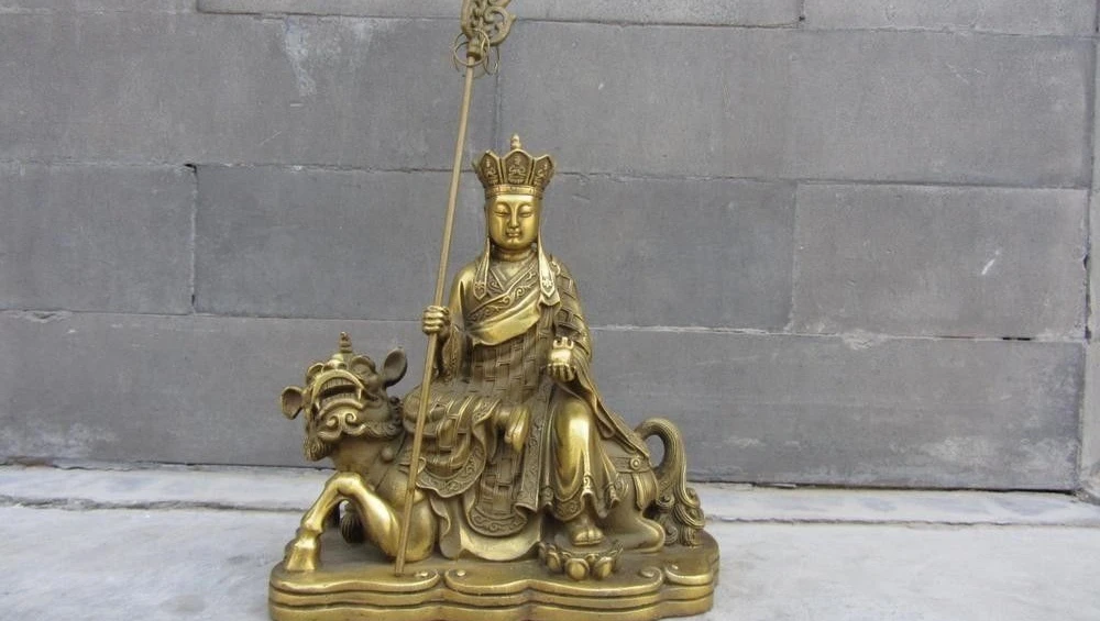 

Tibet Temple Brass Copper Ride Lion Jizo arhat Lohan Buddhist monk Buddha Statue