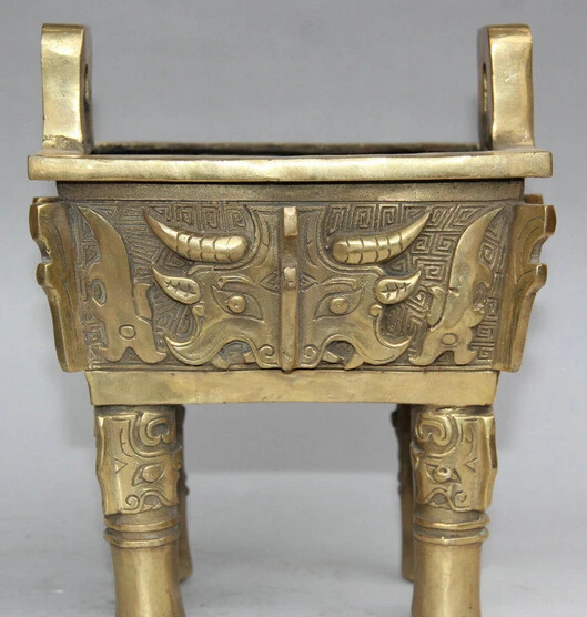 

72@g++7" Marked China Palace Brass 4 Foot Beast Face Handle Ding Incense Burner Censer statue