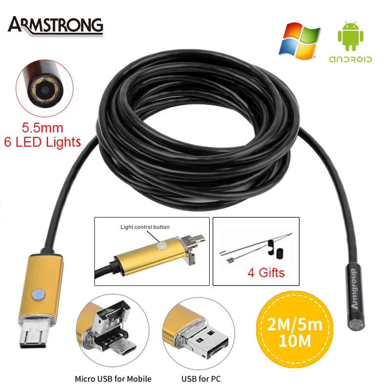 Gold Endoscope 5.5mm 2IN1 2M 5M 10M USB Android Camera Endoscope HD Inspection OTG IP67 USB Endoscopio Camera Phone Borescope