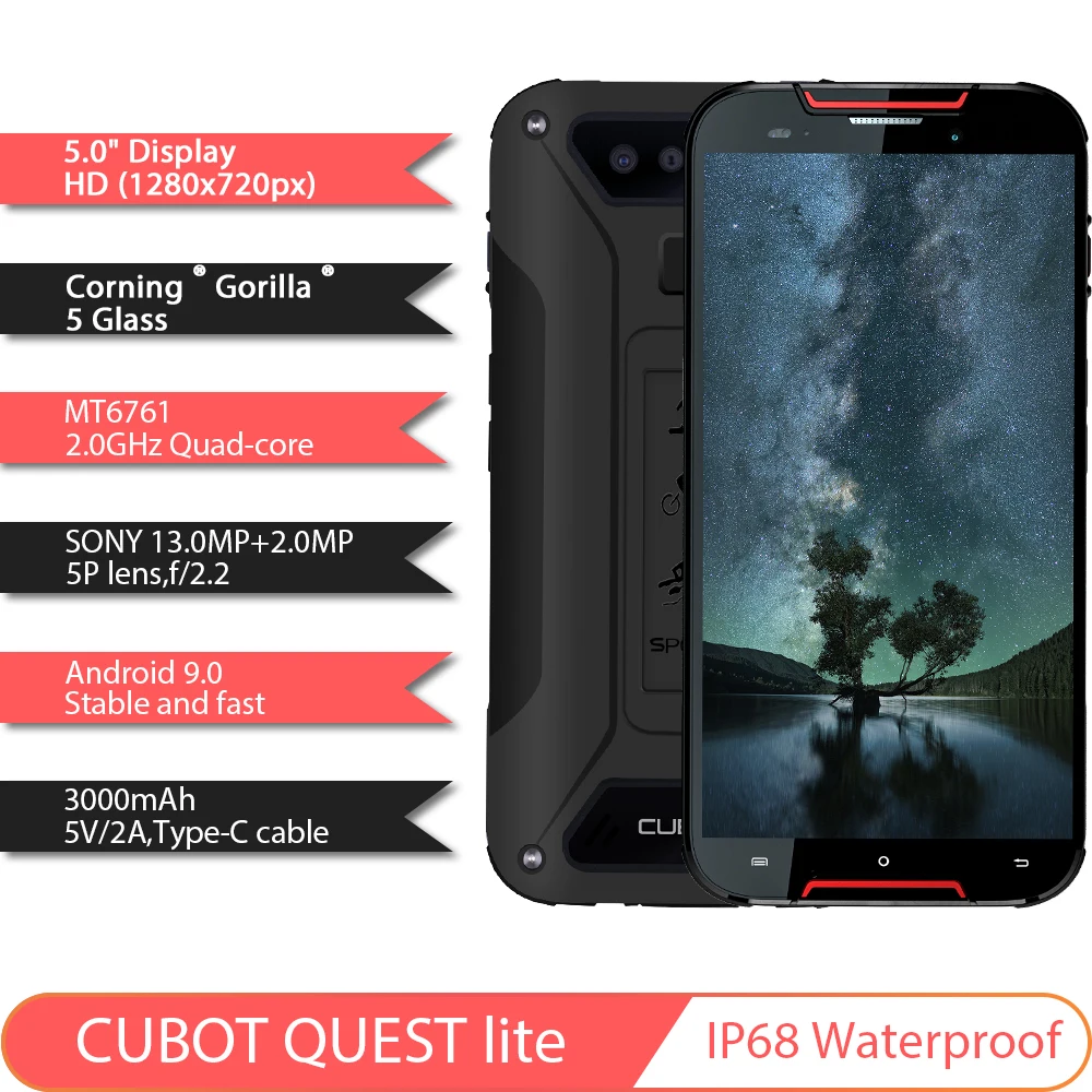 Cubot Quest Lite IP68 спортивный прочный телефон MT6761 5," Android 9,0 Pie 3000 мАч 3 ГБ+ 32 Гб Смартфон 4G LTE двойная камера type-C