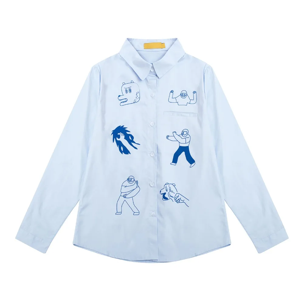 

Casual Women Bloues Cotton Cartoon Printed Female White Shirt Tops Turn-down Collar Long Sleeve Blouse Spring Autumn New