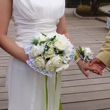 Белая Роза День Святого Валентина ручной работы цветок женщина свадебные подарки партии Свадебные аксессуары с зеленой лентой невесты наручные