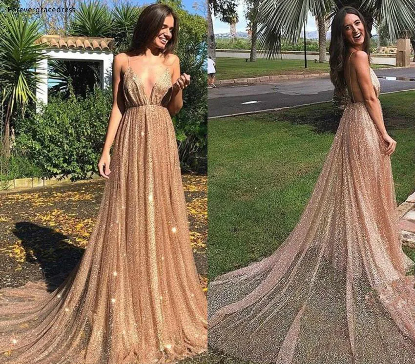 

2019 Cheap Prom Dress Rose Gold Sequined Deep V Neck Pageant Holidays Wear Graduation Evening Party Gown Custom Made Plus Size