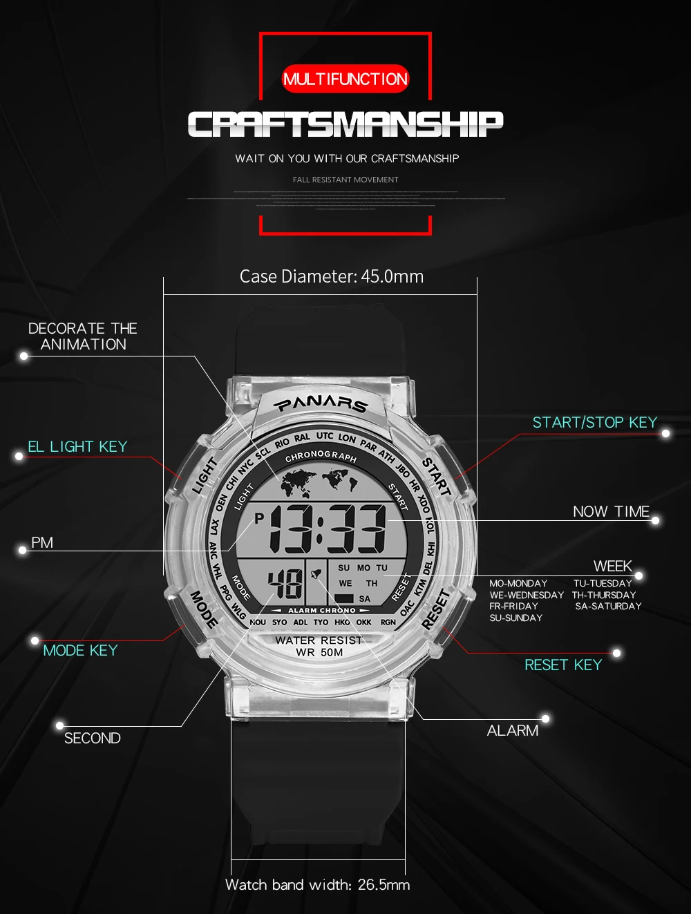 Children's Watches 50m Waterproof PANARS LED Multifunction Dual Tim Digital Kids Wrist Watches Children Watch For Boy Girl