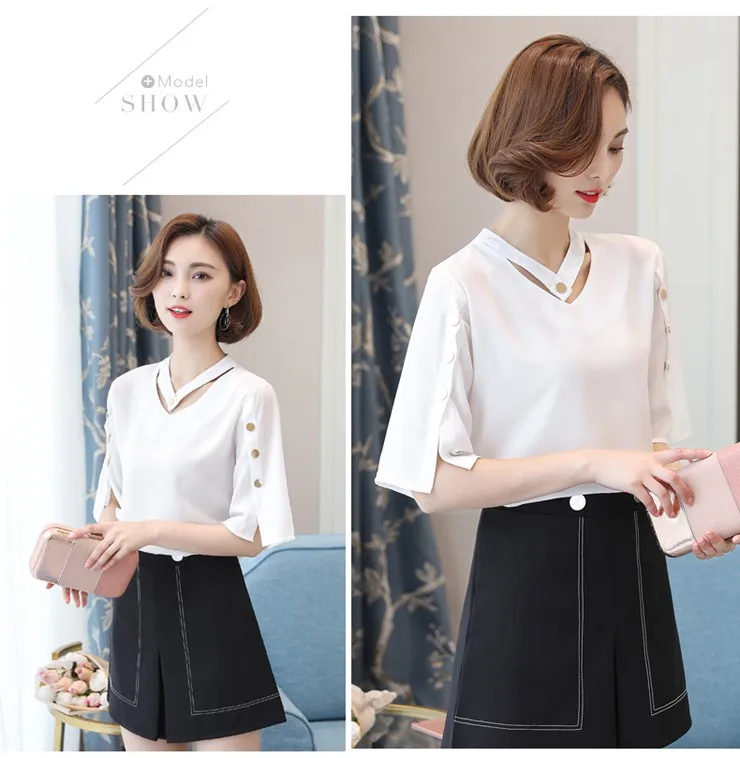 Blouse Shirt Women 2018 Korean Style V-neck Tops Ladies Chiffon Blouse Button Short Sleeve White Shirts Summer Blusas Mujer (10)