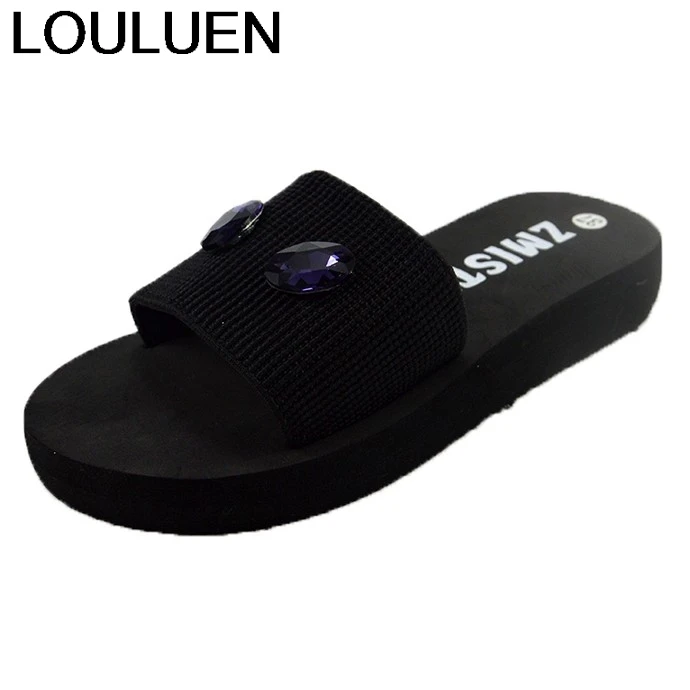 

LOULUEN Shoes Woman Platform with pearl Drill Flat Slides bohemia Home Bathroom Beach Flip Flops Slippers zapatillas mujer 1MAR5