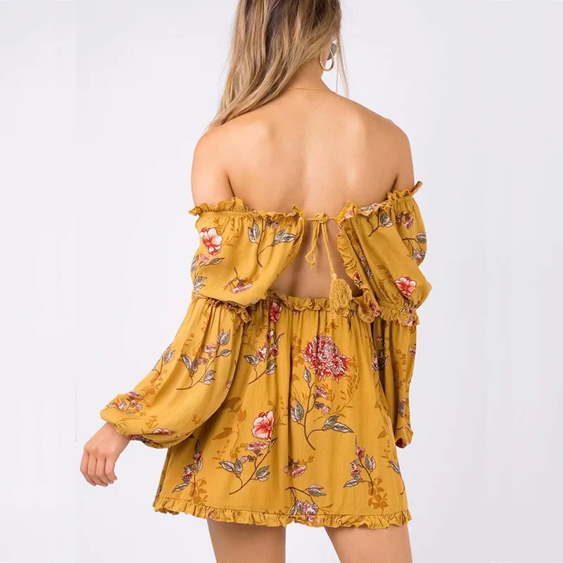 yinlinhe Yellow Off Shoulder Summer Dress Long Sleeve Floral Beach Dress Women Backless Lace Up Elegant Boho Vestidos 6