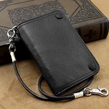 CooL Biker Vintage organizador de cuero genuino cartera monedero con cadena negro