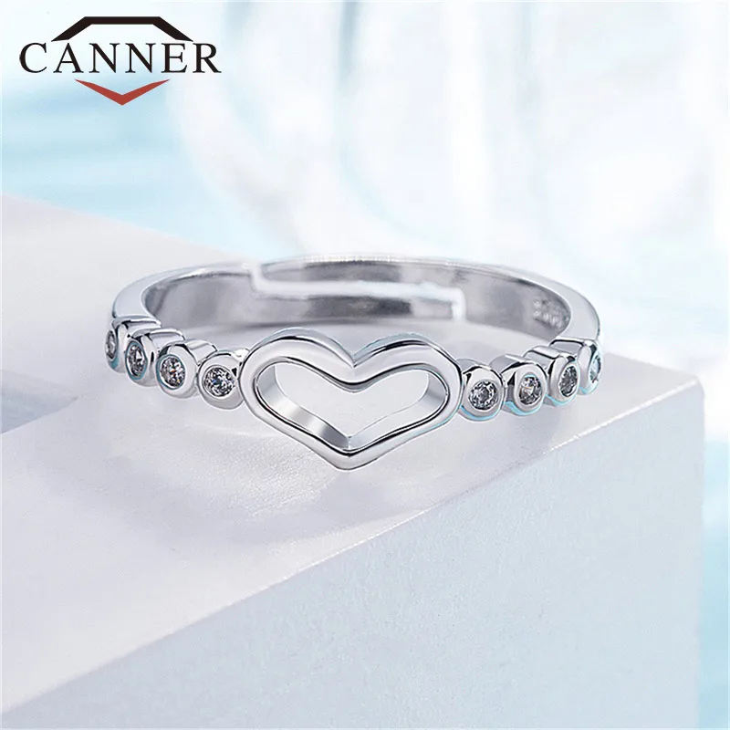CANNER Adjustable Silver Color Heart Ring Romantic Wedding Engagement Women Zircon Ring TW