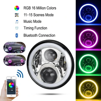 

7" LED Headlights Round RGB Halo Angel Eye with Bluetooth APP Control iPhone and Android Compatible for 1997~2016 Jeep Wrangler