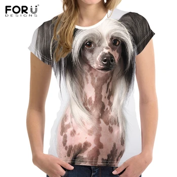 

FORUDESIGNS Kawaii 3D Puppy Chinese Crested Dog Print Woman's Summer T-shirts Casual Streatwear Short Tees Lady Elastic T Shirts