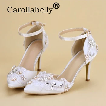 

2019 Pointed Toe Women High Heels Rhinestone Flower Lace Ankle Strap Sandals Fashion Pearl Decoration Party Wedding Shoes