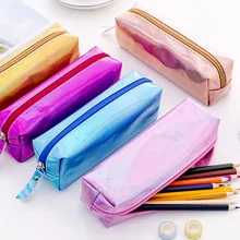 Japanese Reflective Laser Solid Colored Pencil Case for Girls PU Kawaii Pencil Bags for School Supply Nice Office Stationery