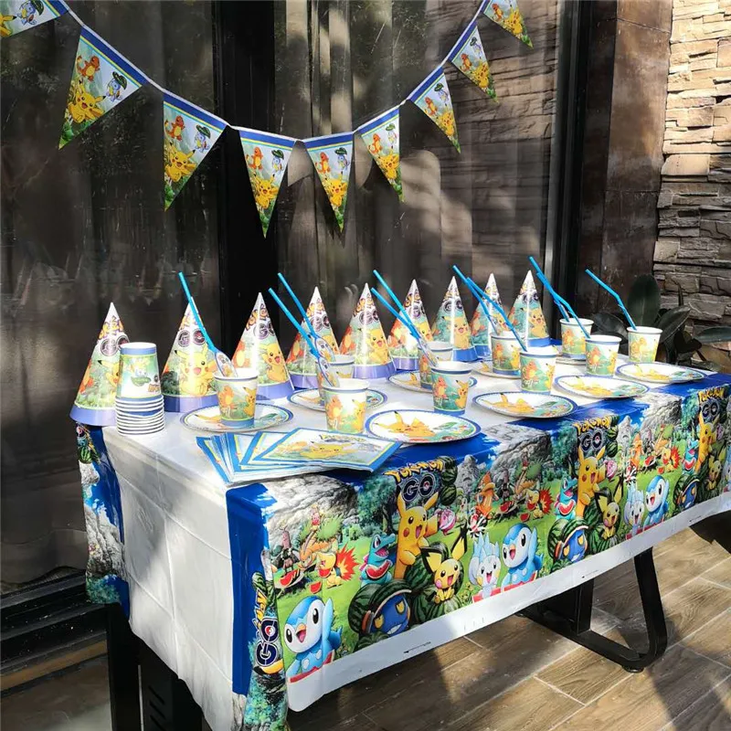 

91pc Pokemon Go Pikachu Disposable Tableware set Tablecloth cups Paper plate Napkin Straws Cap Kids Girl Birthday Party supplies