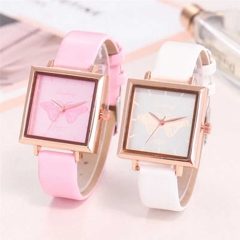NEW Women's watches casual watches Square Watch leather Cartoon Butterfly Dial Quartz Watch Wrist Watch Relogio Masculino Y19 (2)