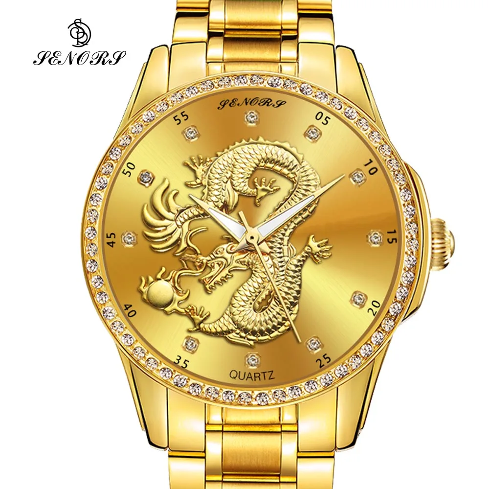 

relogio masculino Genuine Mens Watches Top Brand Luxury Gold Dragon Sculpture Quartz Watch Men Full Steel Wristwatch Business