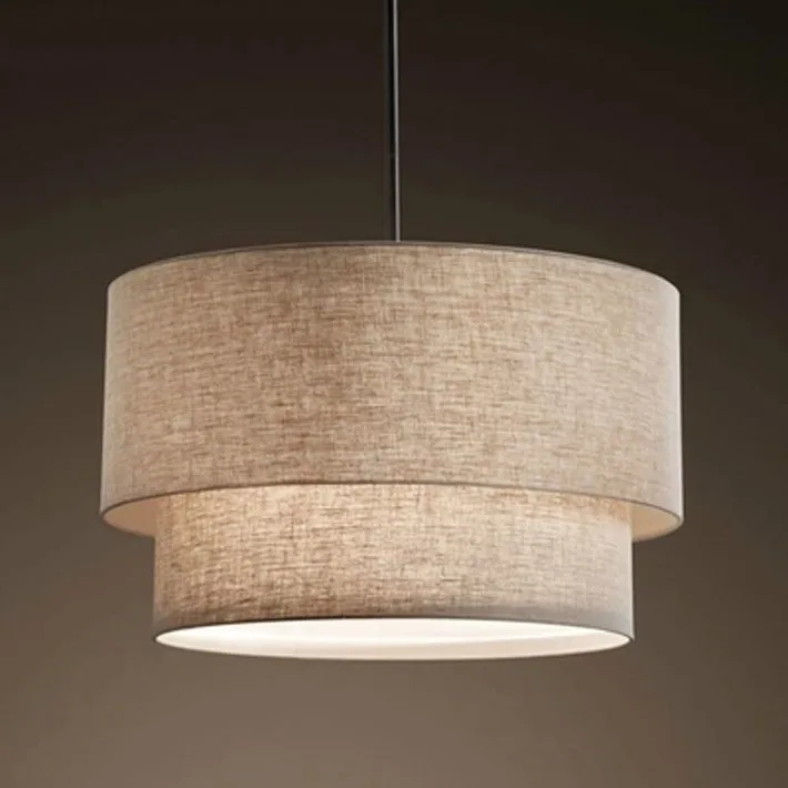 With Flax Fabric Canvas Linen Ligen Shade Drum Shape LED Pendant Lamp