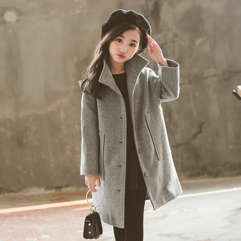 Осень-зима, шерстяное пальто для девочек, модное дизайнерское длинное пальто для девочек, детская верхняя одежда, куртка, RT178 - Цвет: grey