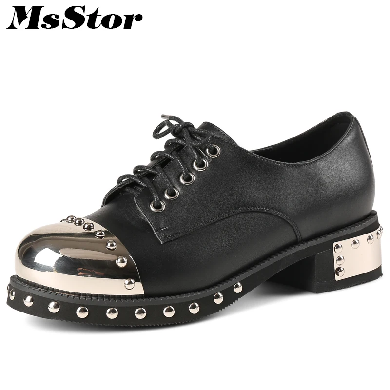 

MsStor Natural Leather Round Toe Women Shoes Casual Fashion Ladies Flat Shoes 2018 Metal Decoration Rivet Cross tied Women Flats
