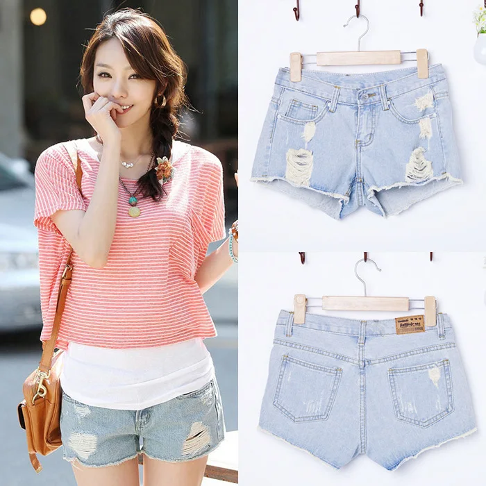 Water wash 2014 wearing white hole loose denim shorts jeans 8632 |