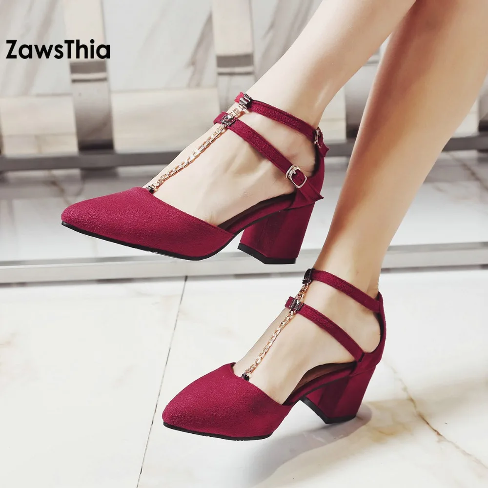 ZawsThia ankle wrap block high heels green red sandals women metal T strap cover heel and toes