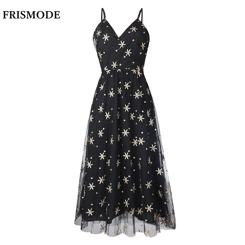 FRISMODE רקמת כוכב שמלת קיץ 2017 אופנה חדשה סקסי צווארון V רצועת ספגטי נשים ארוכה שמלת Vestidos מסיבת חג