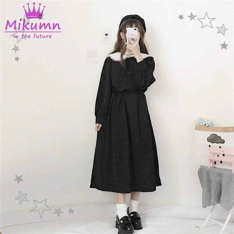 

Women Gothic Black Dress Japanese Harajuku Cute Lace Peter Pan Collar Vintage Lolita Vestidos Girls Kawaii Dress