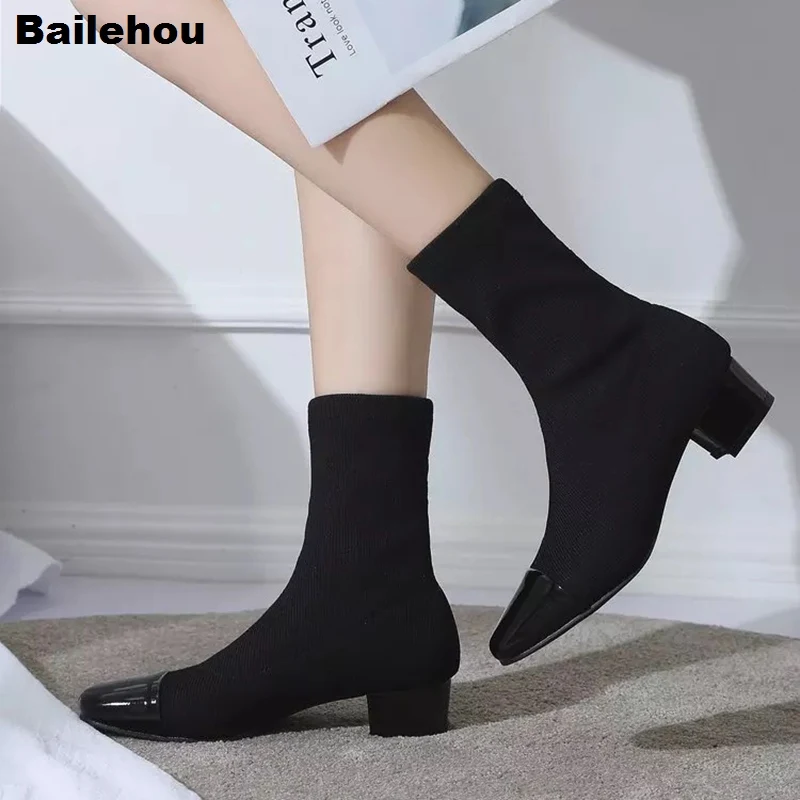 

Women Low Heel Mid-calf Chelsea Boots Female Socks Boots Short Knitting Ankle Boot Stretch Fabric Slip On Casual Winter Shoe New