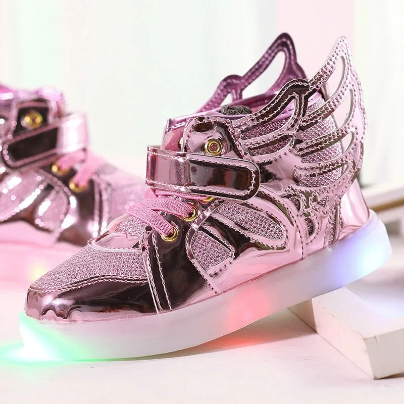 Lighted Shoes For Girls Boys Lovely Angel Wings Gold Hook LED shoes Solid hook Loop PU shoes for Spring Autumn Winter Christmas (32)