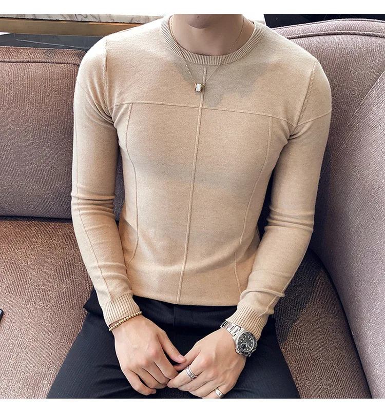 Повседневное Вязание полосатый шею Классический сплошной Цвет Для мужчин пуловер 2018 Осень Краткий для взрослых с длинным рукавом мужской
