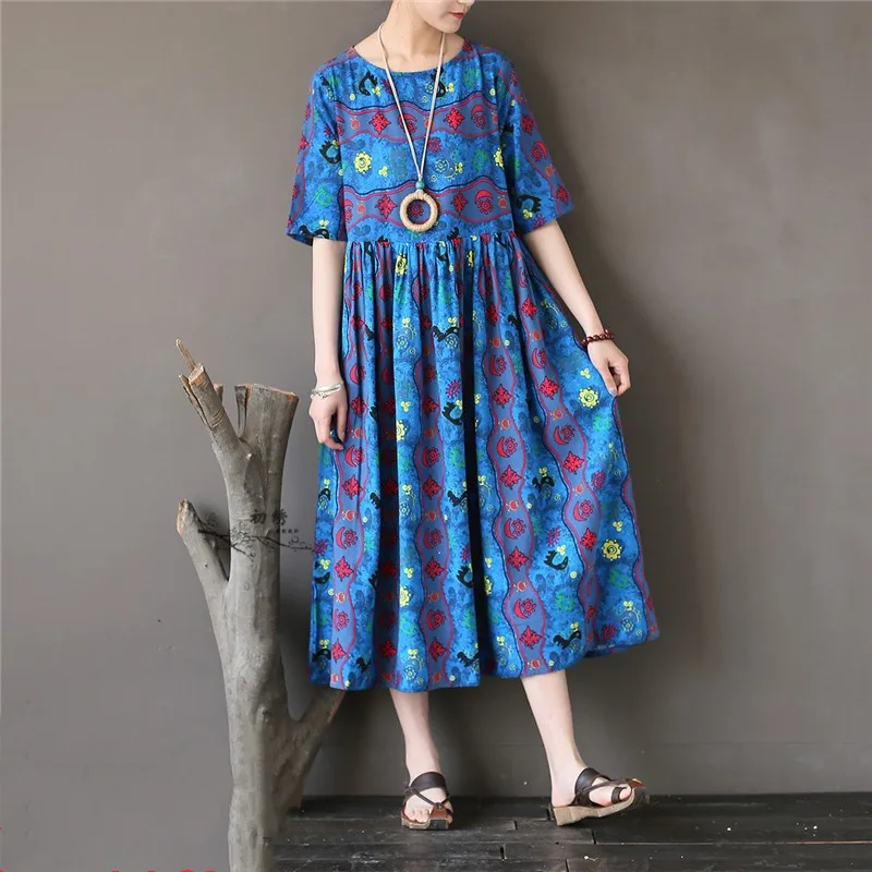 

Summer New Style Printing Robe Dresses Loose Fashion Vintage Cotton And Linen Half Sleeve Medium Length Dress