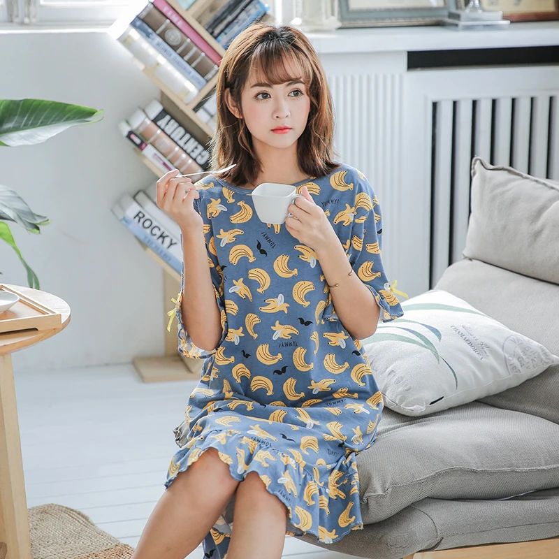 Summer 100 Cotton Print Banana Sleepshirts Women Short Sleeve O Neck
