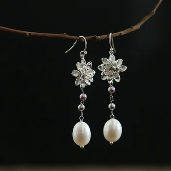 

S925 Silver Needle Drilled Zircon Natural Freshwater Pearl Earrings Peony Flowers Copper-plated Au