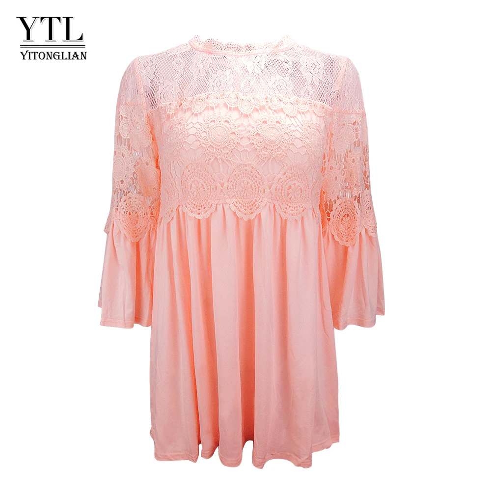 

YTL Women's Vintage Short Sleeve Lace Tops Tee Chic Hollow Out Ladies Shirt Boho Style Solid Babydoll Sleeve T-shirt H187