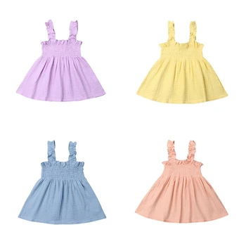 

Adorable Baby Girls Ruffles Strappy Dress Fashion Summer Stretch Elastic Bust Knee Length Dresses Princess Cotton Linen Vestidos